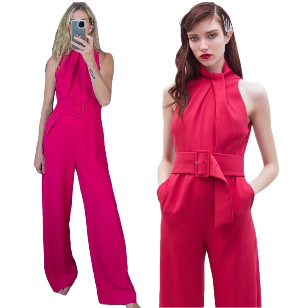 Zara Pink Sleeveless Belted High Neck Wide Leg Jumpsuit Disco Inspired